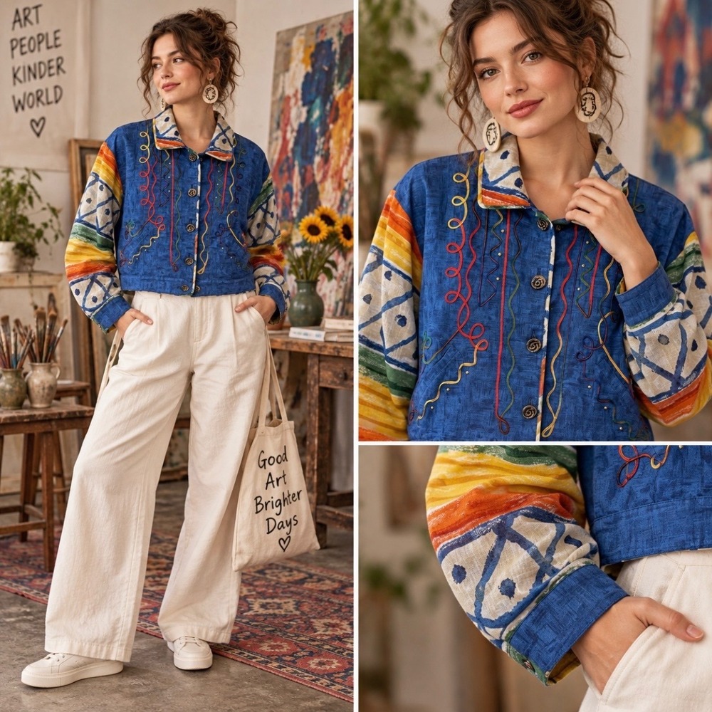 Vintage 90s Howard Wolf Embroidered Boxy Cropped Jacket Blazer 12 Blu USA Button